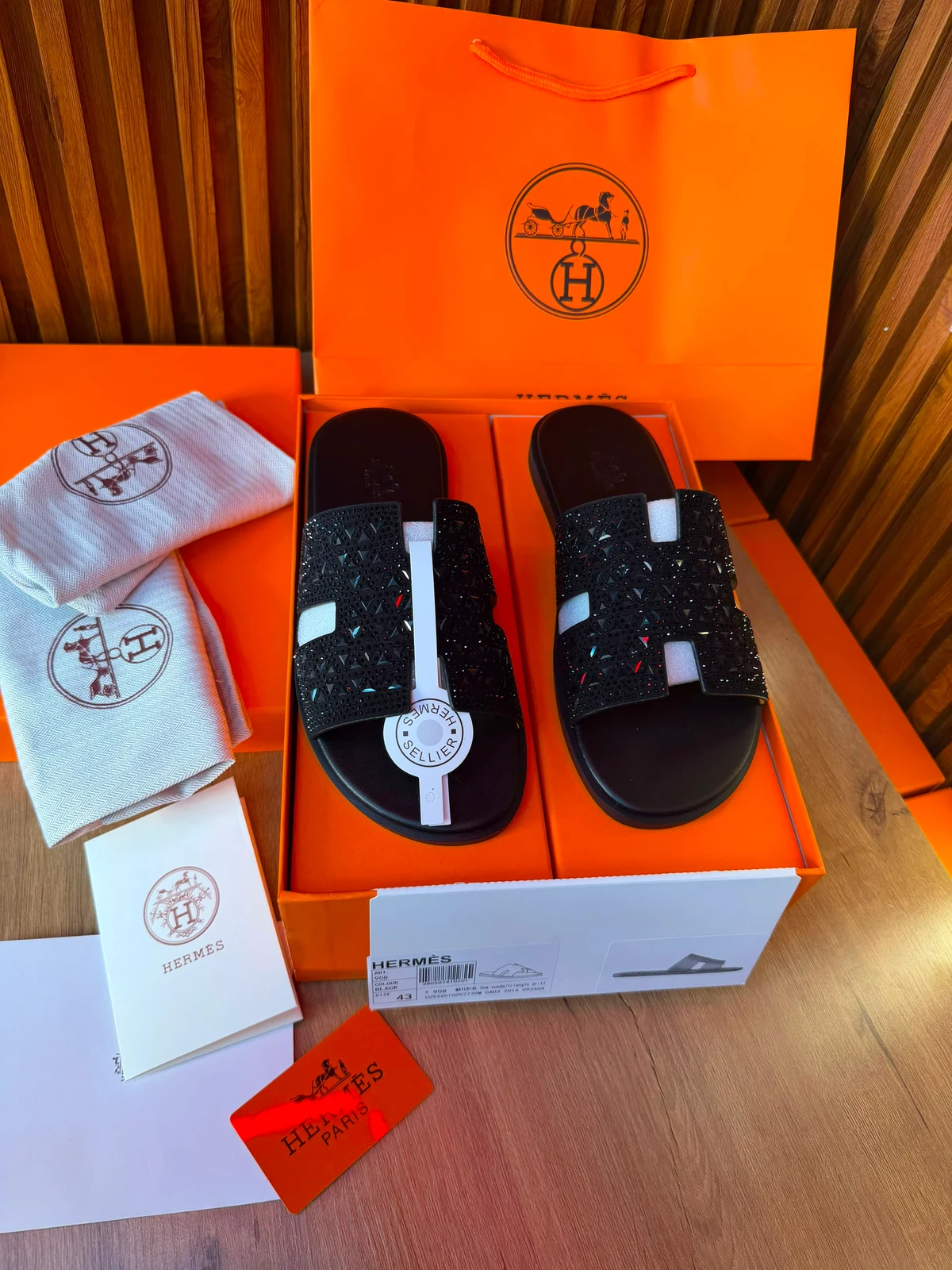 Hermès Women's Black Crystal Embellished H-Strap Slide Sandals - Luxury Designer Footwear for Effortless Style & Comfort