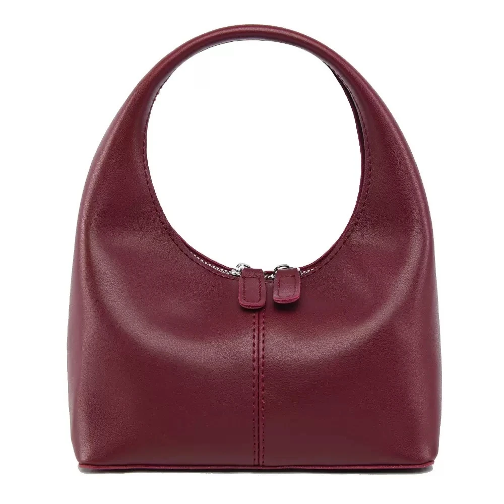 Women's Chic Burgundy Faux Leather Crescent Hobo Shoulder Bag with Dual Zipper Closure - Stylish Everyday Mini Handbag for Casual & Evening Wear