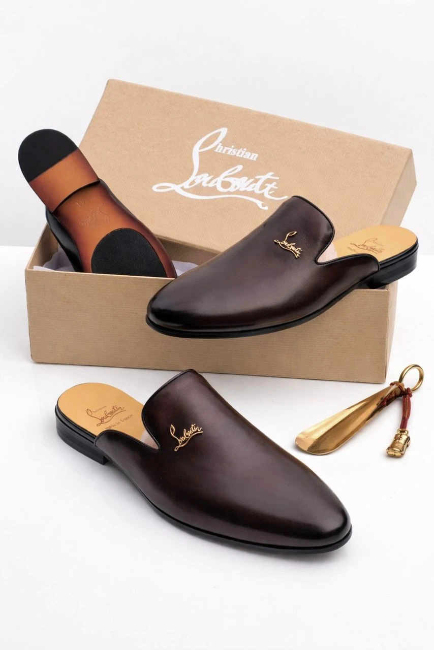 Men's Christian Louboutin Brown Leather Slip-On Mules - Luxury Backless Loafers for Sophisticated Ghanaian Style & Comfort - Main View