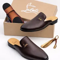 Men's Christian Louboutin Brown Leather Slip-On Mules - Luxury Backless Loafers for Sophisticated Ghanaian Style & Comfort - View 1