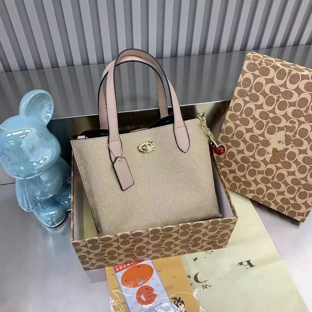 Women's Coach Signature Monogram Beige & Pink Trim Small Tote Bag with Gold Tone Hardware – Stylish & Versatile Luxury Handbag - Main View