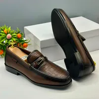 Ferragamo Men's Luxury Brown Leather Loafers - Embossed Croc Pattern  Metallic Buckle Slip-On Dress Shoes for Formal  Casual Wear - View 2