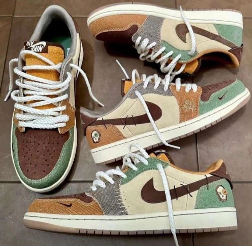 Nike Jordan 1 Low OG Voodoo Dunk Low Multi-Tone Patchwork Sneakers - Earthy Tones, Unique Stitching Skull Detail