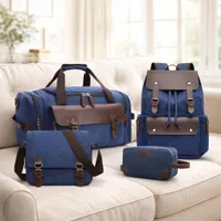  4 in 1 Canvas Travel Bag Set with Leather Accents - 4-Piece Duffel, Backpack, Shoulder Bag or Messenger and Toiletry Bag - View 2