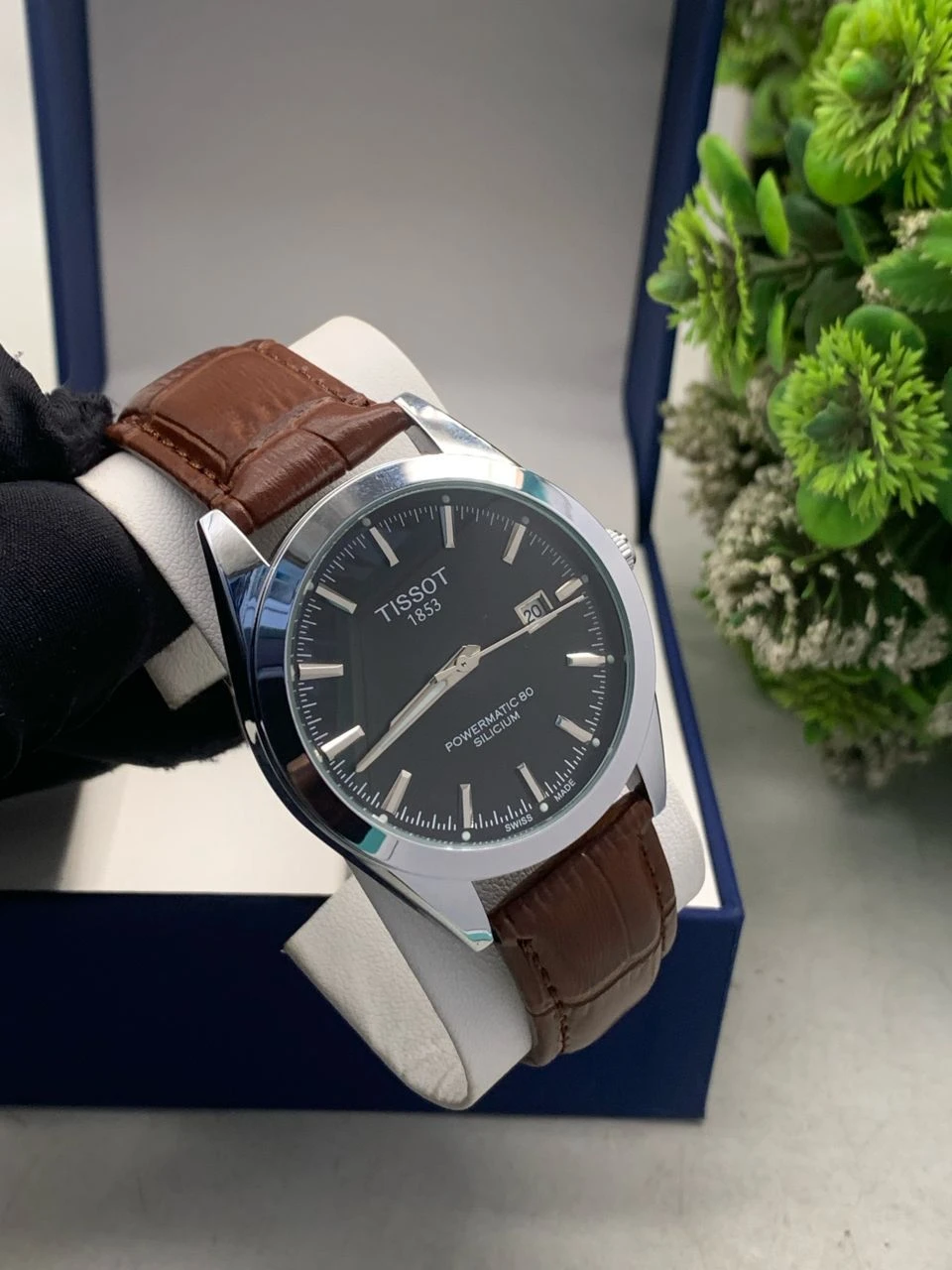 Men's Tissot Powermatic 80 Silicium Swiss Automatic Watch - Elegant Black Dial Leather Strap - Main View