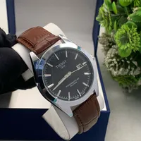 Men's Tissot Powermatic 80 Silicium Swiss Automatic Watch - Elegant Black Dial Leather Strap - View 1