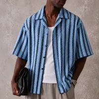 Men's Stylish White & Black Striped Textured Cuban Collar Short Sleeve Shirt - Perfect Casual Button-Down for Summer & Resort Wear - View 3