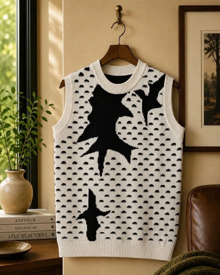 Women's & Unisex Abstract Graphic Knit Sweater Vest - Modern Black & White Sleeveless Pullover Top for Casual Chic Layering