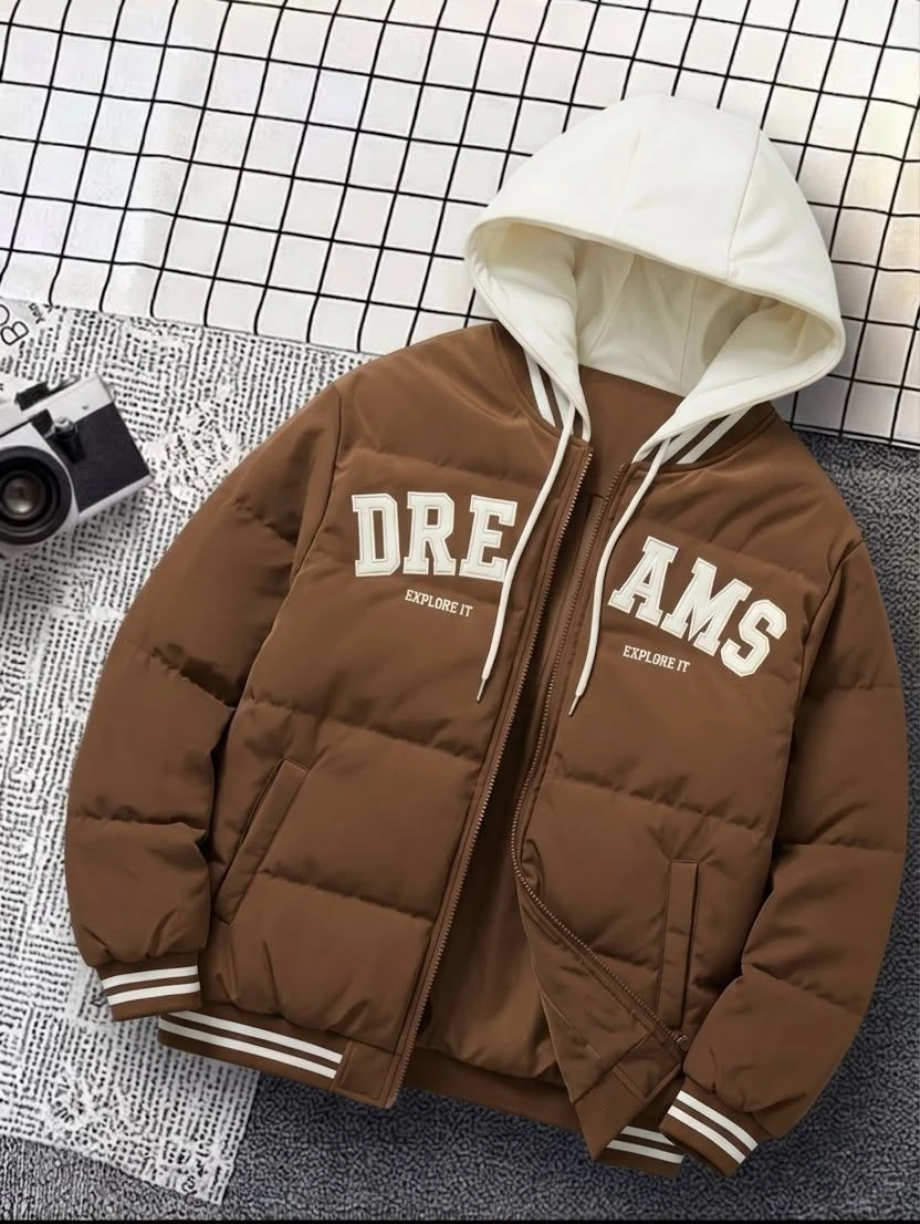 Men's "DREAMS EXPLORE IT" Brown Puffer Bomber Jacket with Layered Cream Hood - Stylish & Warm Varsity Outerwear
