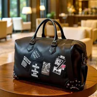 Streetwear Style Quality Black Patched Faux Leather Travel Duffel Bag – Statement Weekend Holdall with Stud Details - View 2