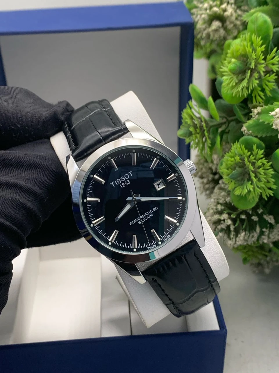 Men's Tissot Powermatic 80 Silicium Swiss Automatic Watch - Elegant Black Dial Leather Strap