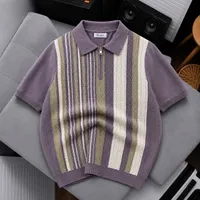 Men's Retro Knitted Striped Polo Shirt – Quarter-Zip Casual Top in Brown, Black, White, Purple and Beige for Mens Everyday Smart Casual  - View 2