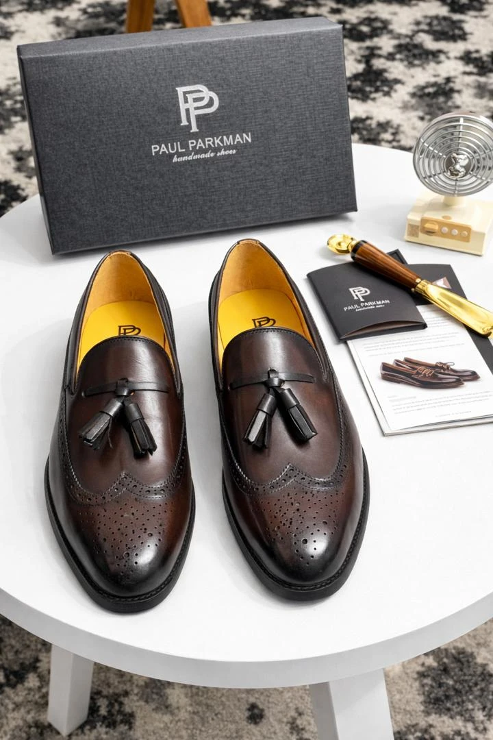 Men's Paul Parkman Premium Dark Brown Leather Tassel Loafers with Brogue Detailing - Handmade Dress Shoes for Sophisticated Style