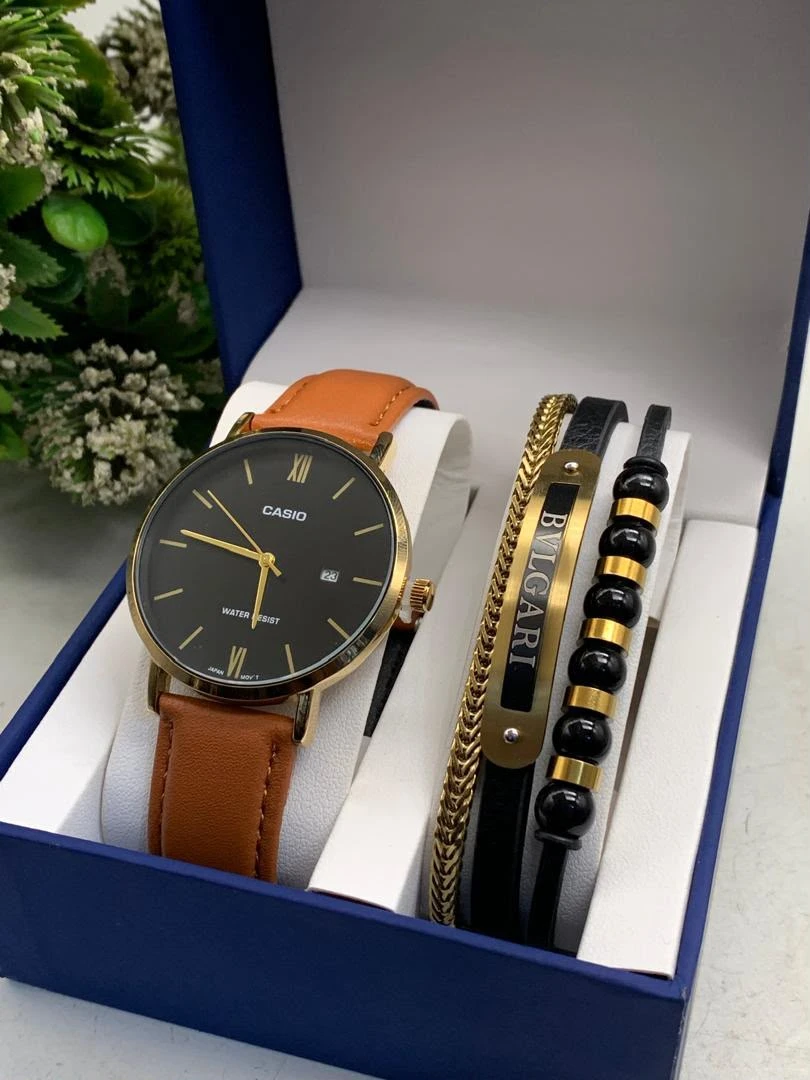 Men's Casio Gold-Tone Black Dial Watch with Leather Strap  Premium GoldBlack Fashion Bracelet Gift Set - Elegant  Water Resistant Timepiece