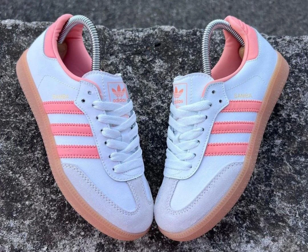 Women's Adidas Samba Classic Sneakers - White with Vibrant Pink Stripes & Gum Sole for Stylish Comfort - Main View