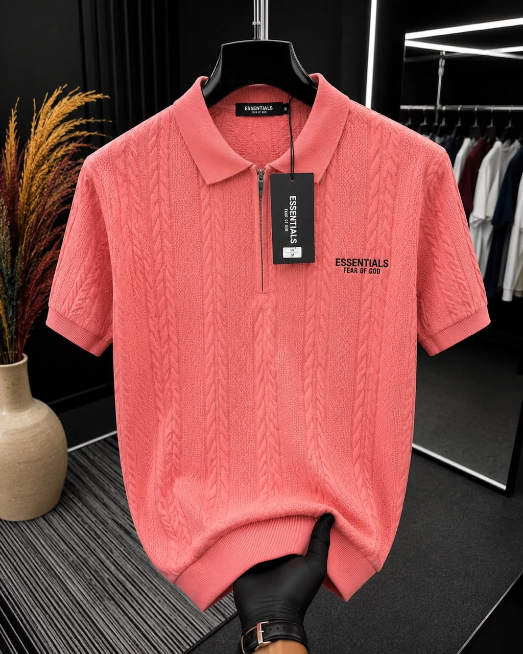 Men's Black Knitted Polo Shirt, Short Sleeve with Zipper, Cream & Maroon Vertical Cable Stripes - Smart Casual Fashion Top