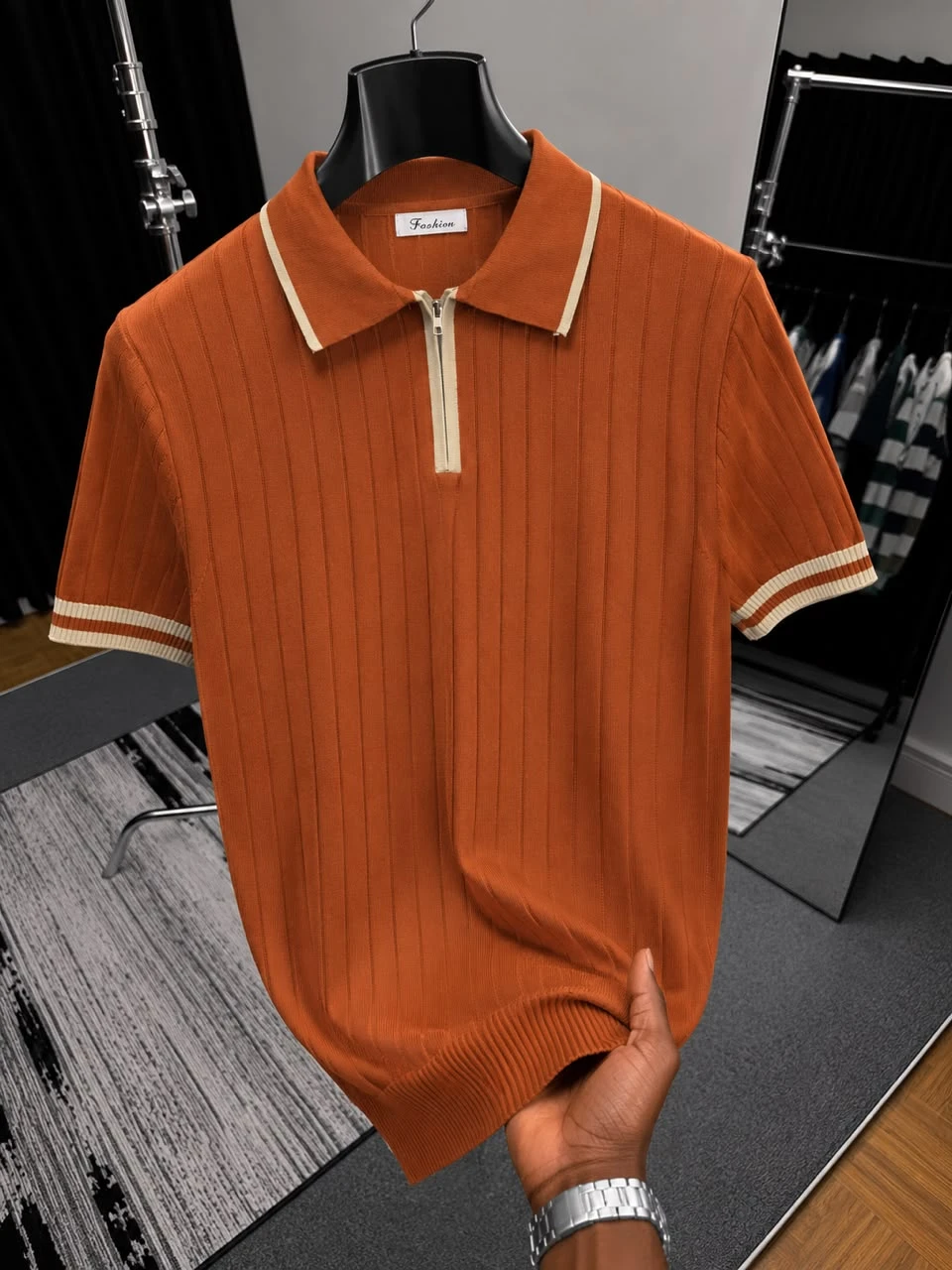 Men's Elegant Emerald Green Ribbed Knit Polo Shirt | Premium Short Sleeve with Distinctive White Striped Cuffs & Hem | Smart Casual & Versatile