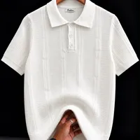 Men's Black and White Textured Zipper Polo Shirt - Wavy Knit Short Sleeve Casual Top for Modern Luxury Casual Smart Style - View 3