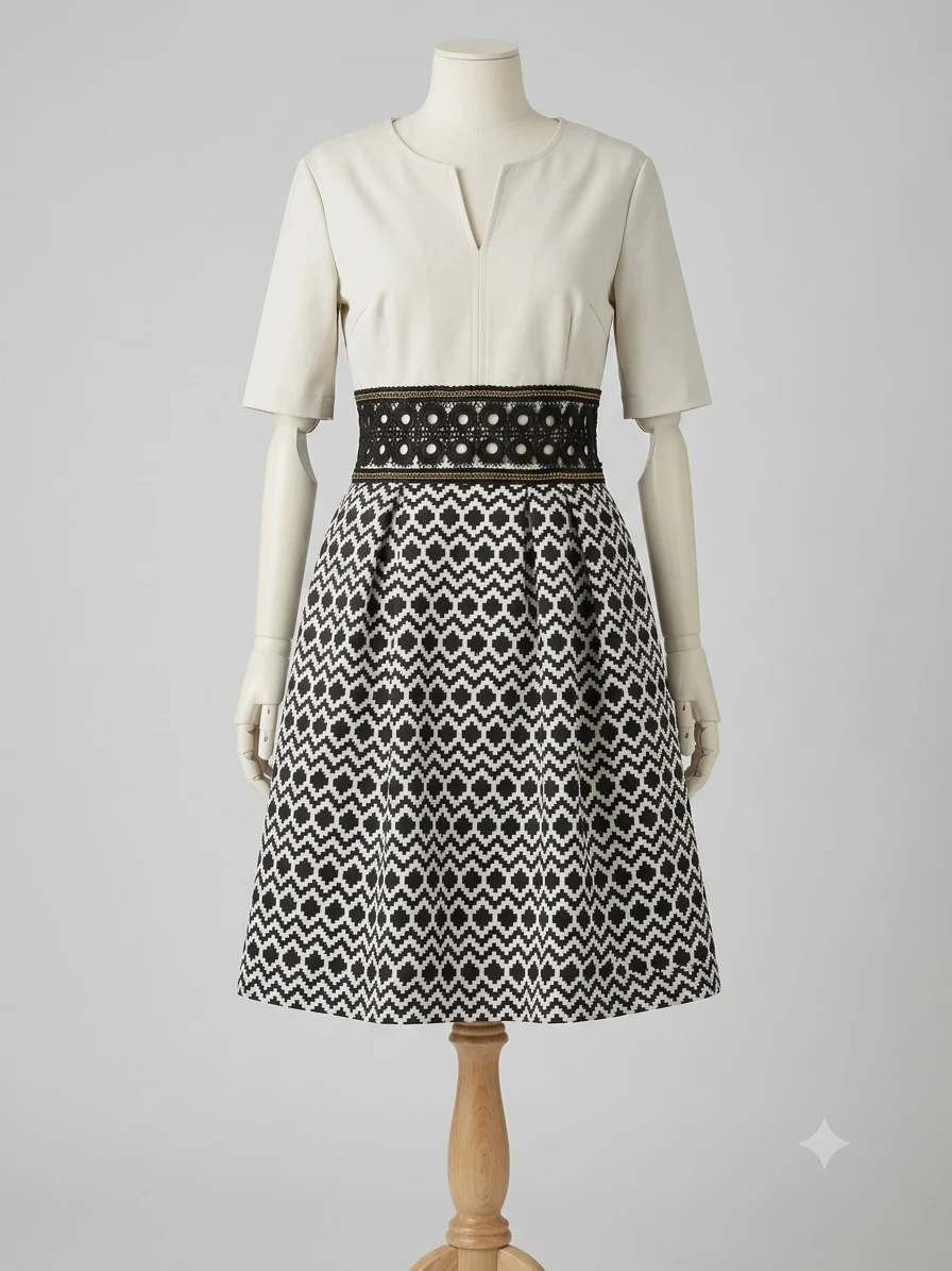 Women's Elegant Geometric Print A-Line Dress - Chic Black & Cream V-Neck with Intricate Lace Waist Detail for Office & Occasion Wear