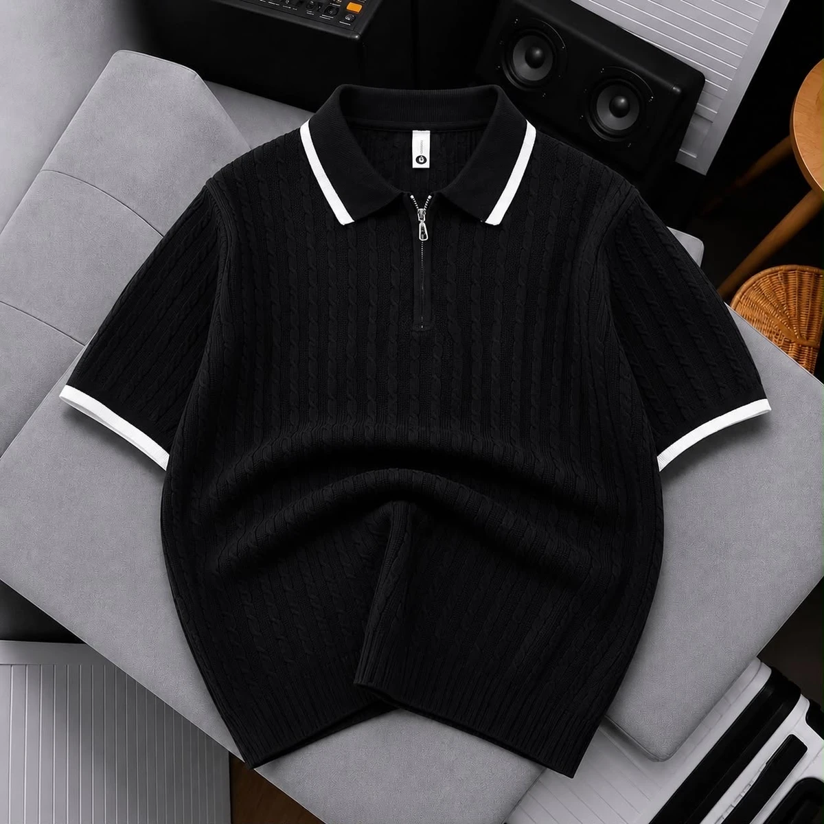 Men's Smart Casual Knitted Quarter-Zip Polo Shirt with White Tipped Collar and Cuffs  Premium Short Sleeve Cable Knit Top for Casual Luxury Looks