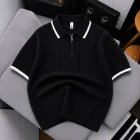 Men's Smart Casual Knitted Quarter-Zip Polo Shirt with White Tipped Collar and Cuffs  Premium Short Sleeve Cable Knit Top for Casual Luxury Looks - View 1