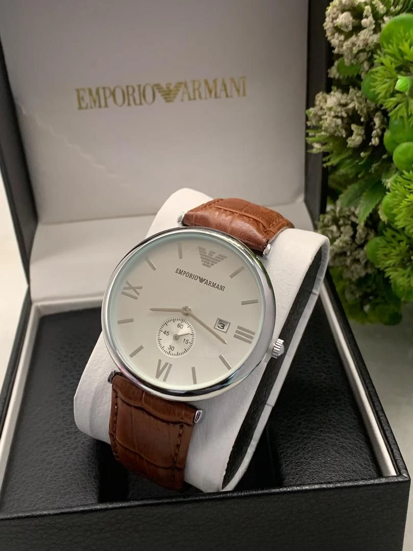 Emporio Armani Men's Classic Silver-Tone wiith Genuine Leather Strap Men's Watch with Brown Croc-Embossed Leather Strap and Roman Dial