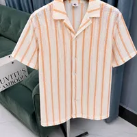 Men's Coastal Vibe Textured Stripe Camp Collar Short Sleeve Shirt - White & Blue Relaxed Summer Top - View 4
