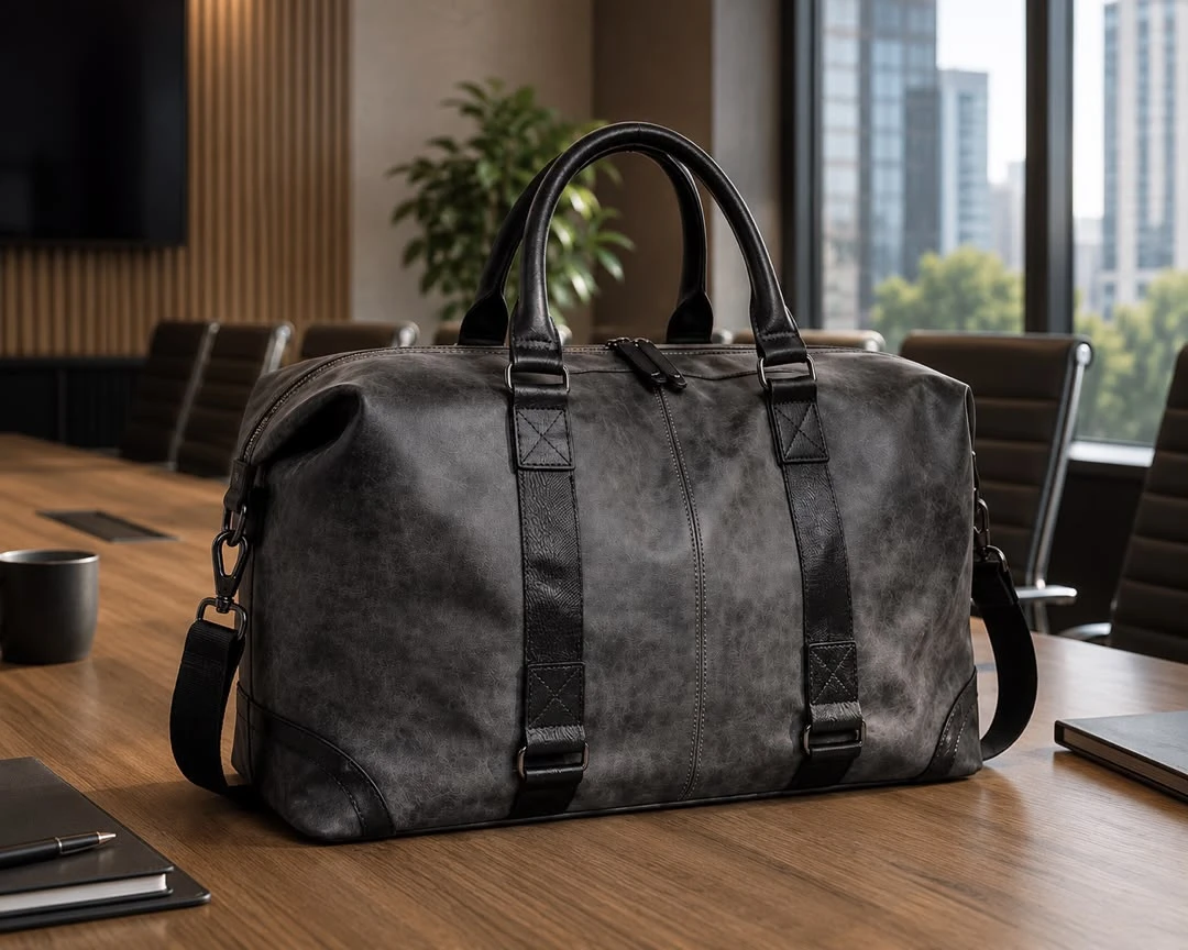 Vintage Distressed Grey Travel Duffel Bag - Faux Leather Weekend Trip Business Carry-On for Men and Women