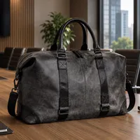 Vintage Distressed Grey Travel Duffel Bag - Faux Leather Weekend Trip Business Carry-On for Men and Women - View 1