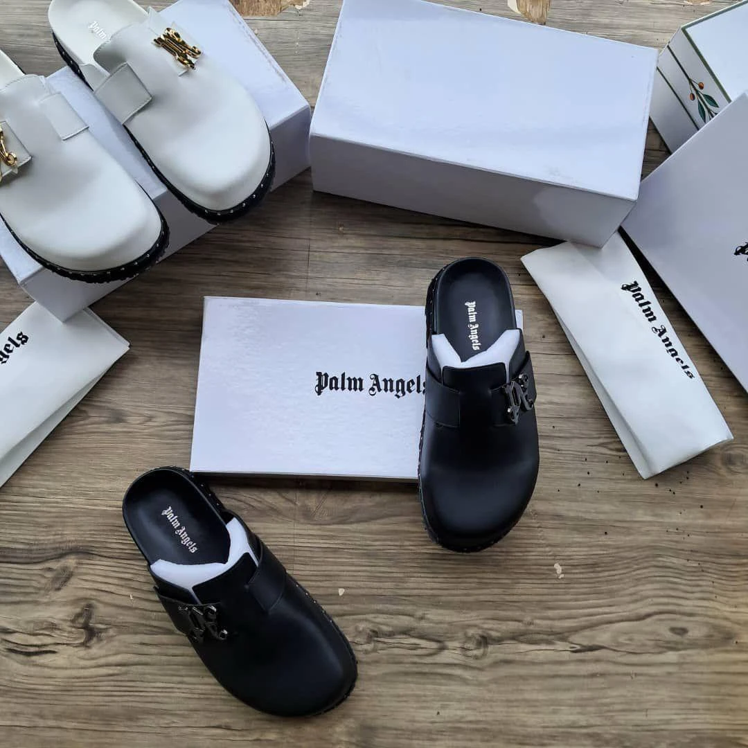 Palm Angels Premium Unisex Backless Loafers - Designer Slip-On Mules with Metallic Buckle in Black & White for Everyday Ghanaian Style & Comfort
