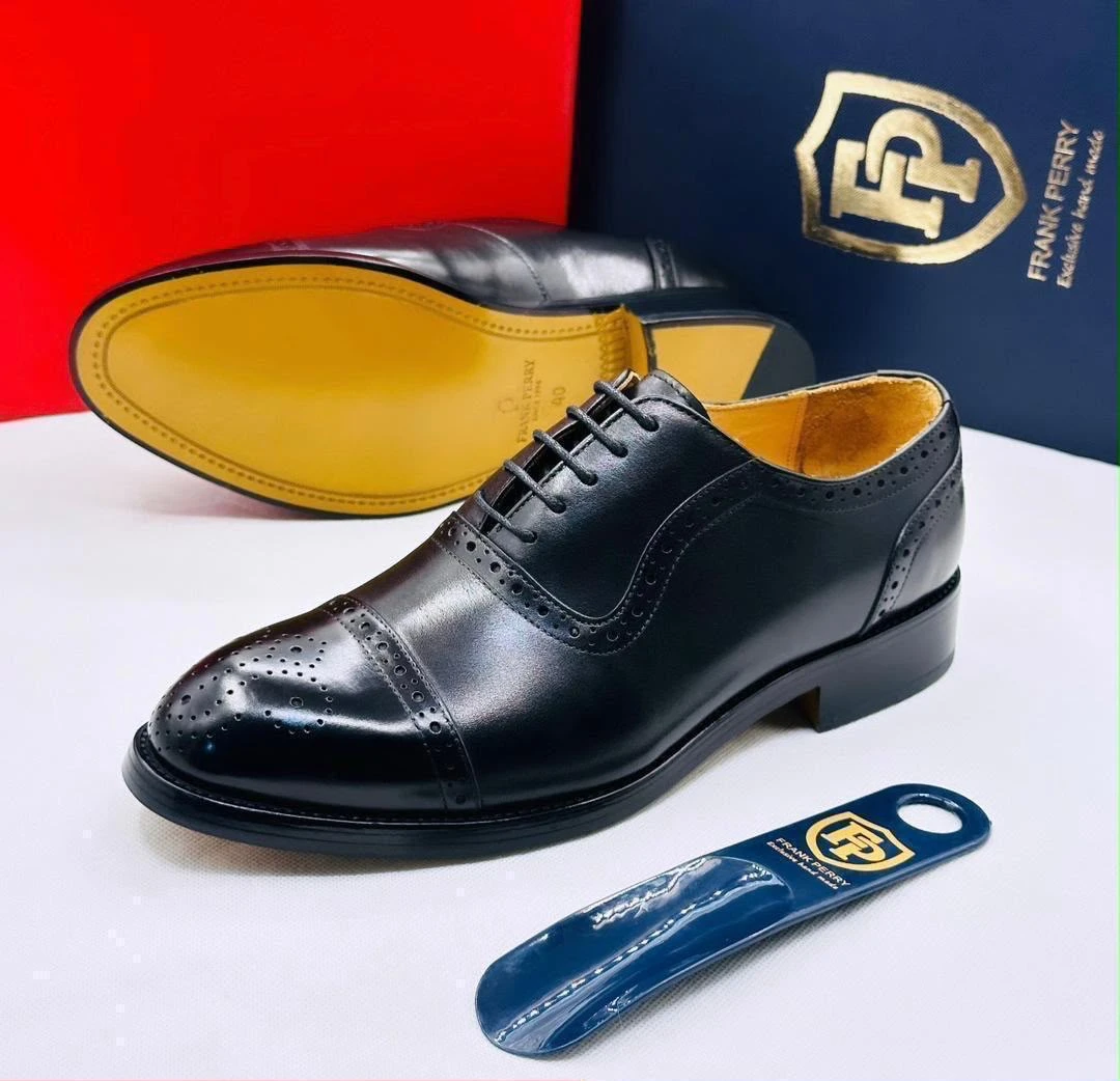 Frank Perry Men's Black Leather Cap-Toe Brogue Oxford Dress Shoes - Elegant Formal Lace-Up Footwear for Business, Weddings & Special Occasions