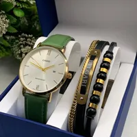 Men's Casio Classic Gold Dial Watch & Luxury Multi-Layer Bracelet Gift Set - Elegant Black Leather Strap, Water Resistant Timepiece with Stylish Accents for Him - View 2