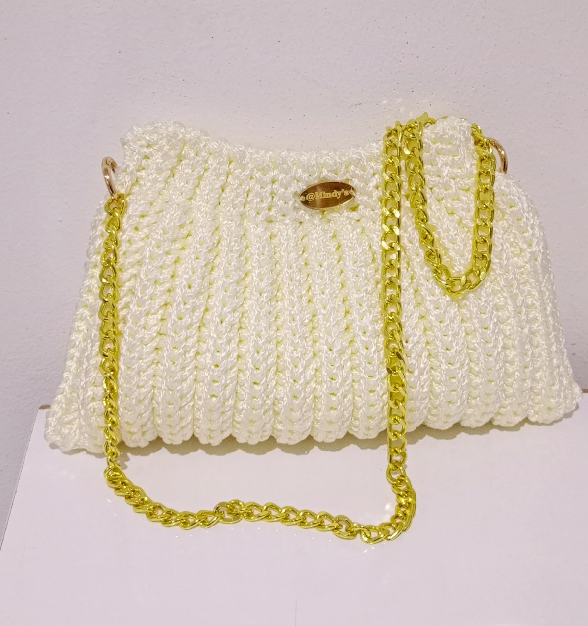 Women's Elegant Cream Crocheted Clutch Bag by Mindy's with Gold Chain Strap - Chic Handbag for Evening & Special Occasions