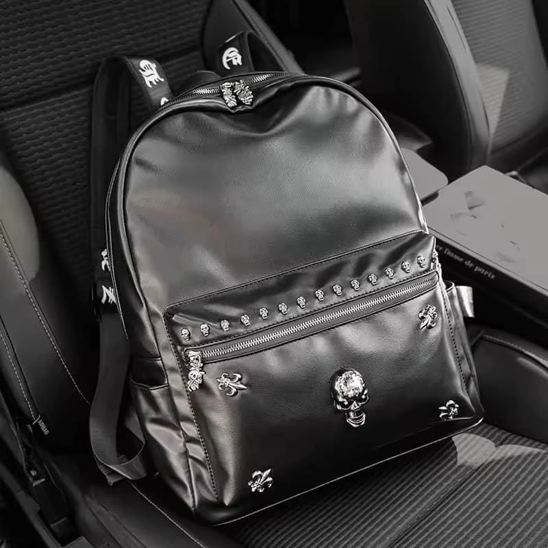 Men's Edgy Black Faux Leather Skull Studded Fashion Backpack Bag – Bold Gothic Daypack with Crystal Skull Emblem for School, Travel Street Style - Main View