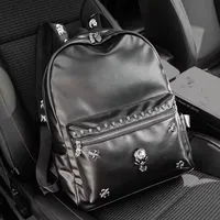 Men's Edgy Black Faux Leather Skull  Studded Fashion Backpack Bag – Bold Gothic Daypack with Crystal Skull Emblem for School, Travel  Street Style - View 1