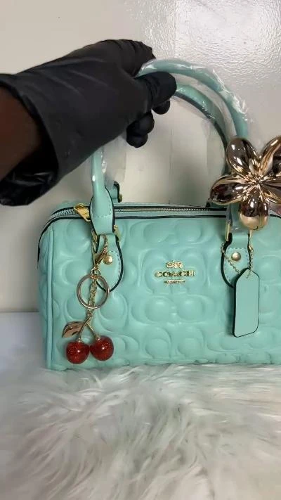 Women's Coach Mint Signature Embossed Handbag | Chic Top Handle Purse with Cherry & Flower Charms - Main View