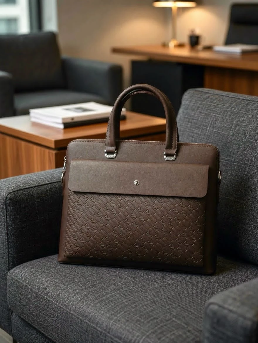 Montblanc Men's Elegant Brown and Black Leather Briefcase Business Bag - Stylish Executive Laptop Messenger Bag with Distinctive Monogram Pattern