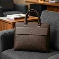 Montblanc Men's Elegant Brown and Black Leather Briefcase Business Bag - Stylish Executive Laptop Messenger Bag with Distinctive Monogram Pattern - View 1