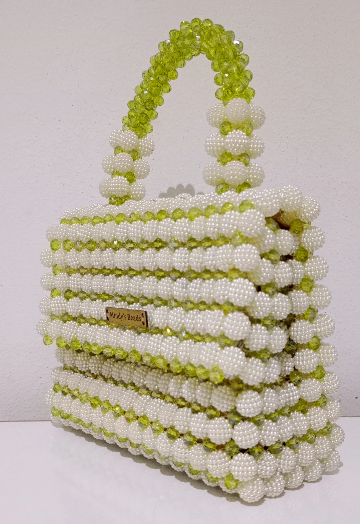Mindy's Beads Women's Handcrafted creamy white popcorn and lime Green Beaded Top Handle Handbag - Elegant Fashion Accessory for Chic Everyday Style
