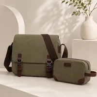 2 in 1 Men's Canvas Shoulder Messenger Bag and Matching Toiletry Pouch Pair - Crossbody Shoulder Bag for Work, Travel Everyday - View 3