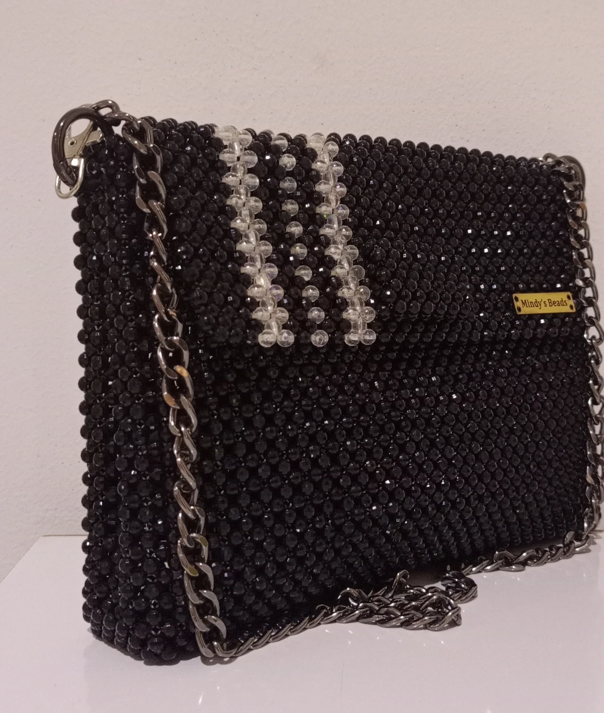 Mindy's Beads Chic Black Beaded Clutch for Women - Sparkling Handbag with Silver Chain Strap, Ideal for Glamorous Evenings  Parties