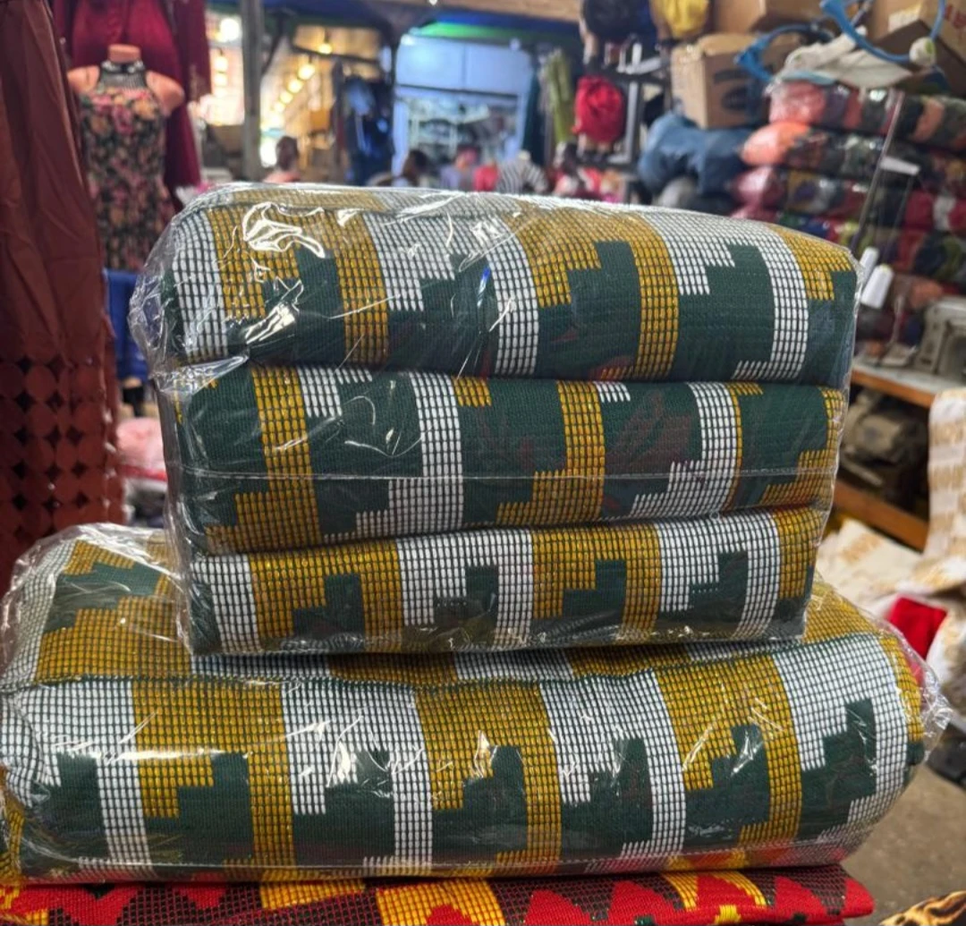 Unisex Authentic Ghanaian Kente-Inspired Fabric – Vibrant Green, Gold & White African Print Textile for Fashion & Home Decor