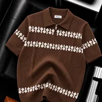 Men's Stylish White  and Brown Textured Knit Polo Shirt with Half-Zip Collar - Modern Short Sleeve Designer Top for Casual Smart Outfits - View 2