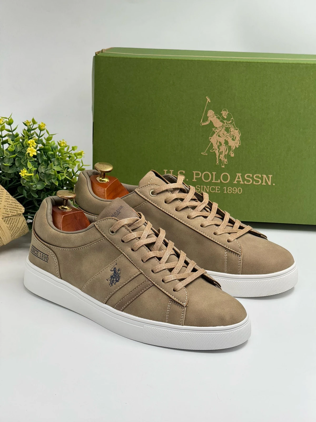 Men's U.S. Polo Assn. Tan Suede-Effect Low-Top Casual Sneakers - Classic Lifestyle Trainers - Main View