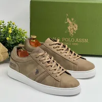 Men's U.S. Polo Assn. Tan Suede-Effect Low-Top Casual Sneakers - Classic Lifestyle Trainers - View 1