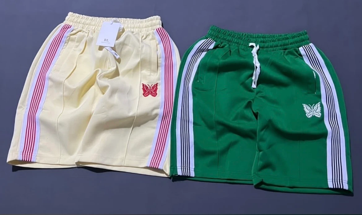Unisex Butterfly Logo Track Shorts - Stylish Green & Cream Striped Athletic Casual Wear for Men & Women, Premium Comfort & Trendy Design