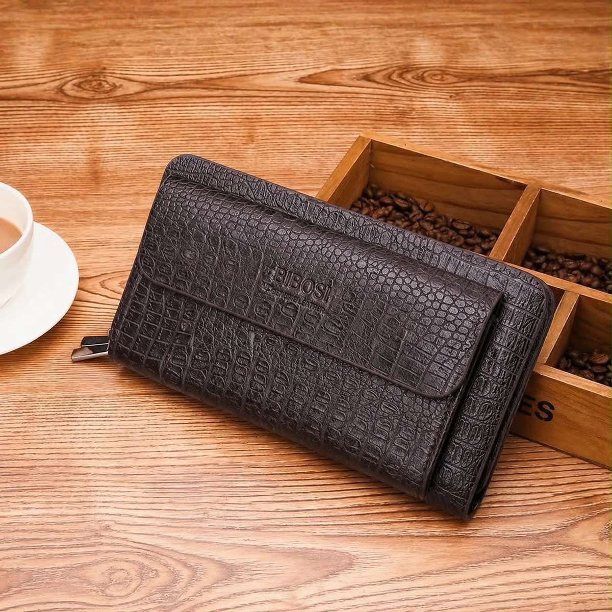 BIBOSI Men's Elegant Black Genuine Leather Long Wallet - Stylish & Durable Flap Clutch for Cards & Cash