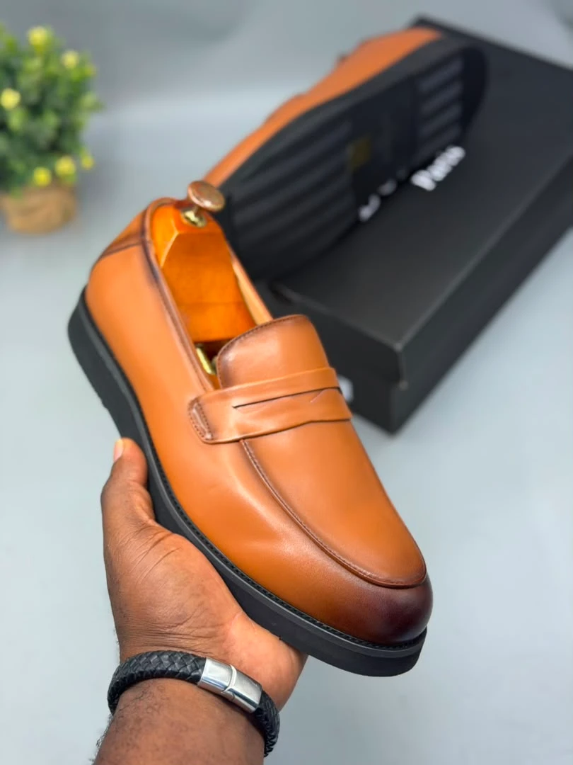 Berluti Men's Classic Tan Leather Penny Loafers Burnished Brown Slip-On Dress Shoes for official and semi-formal fashion 