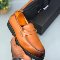 Berluti Men's Classic Tan Leather Penny Loafers Burnished Brown Slip-On Dress Shoes for official and semi-formal fashion  - View 3