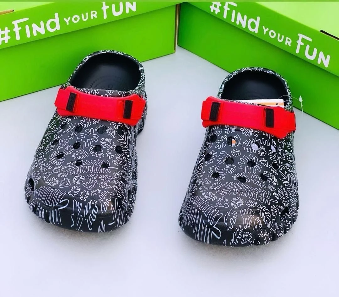 Black Leafy Crocs Iconic Original Classic All-Terrain Clog Slides Slippers Sandals